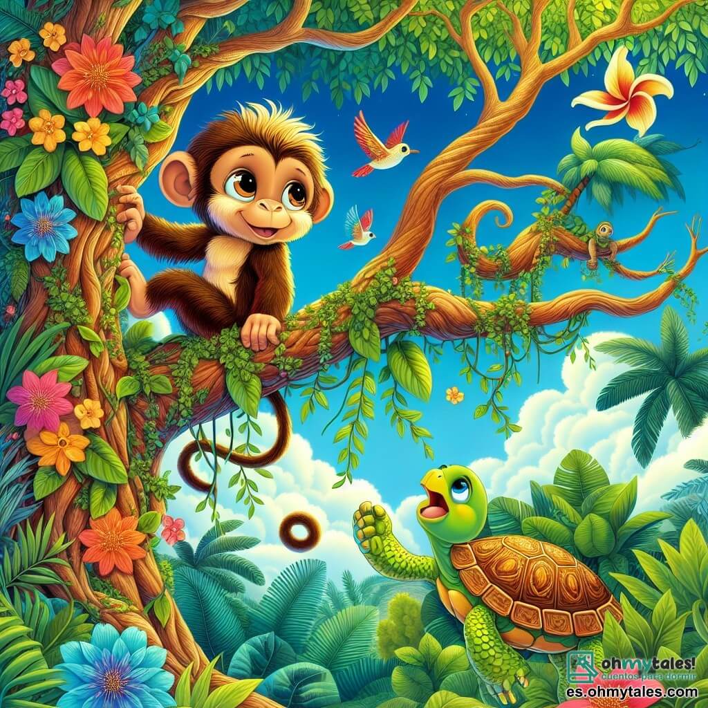 Une illustration destinée aux enfants représentant un petit singe espiègle aux yeux pétillants et à la fourrure dorée, suspendu avec agilité aux branches d'un majestueux arbre tropical, entouré de feuillages luxuriants où se mêlent des fleurs éclatantes aux couleurs vives, tandis qu'il écoute attentivement les appels désespérés d'une tortue bienveillante, piégée dans un buisson épineux, sous un ciel azur parsemé de nuages cotonneux, où un oiseau aux plumes chatoyantes s'apprête à les rejoindre pour célébrer leur amitié naissante au cœur de cette jungle enchantée.