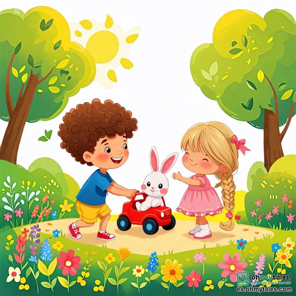 Une illustration sous forme de dessin destinée aux enfants représentant un parc ensoleillé avec des arbres verdoyants et des fleurs colorées, où un garçon de 2 ans aux cheveux bruns et bouclés, vêtu d'un t-shirt bleu et de shorts jaunes, joue joyeusement avec un petit véhicule rouge, tandis qu'une fille de 2 ans aux cheveux blonds et tressés, portant une robe rose, sourit en tenant un peluche de lapin blanc nommé Nube, illustrant ainsi leur belle amitié et leur moment de partage dans le jeu.