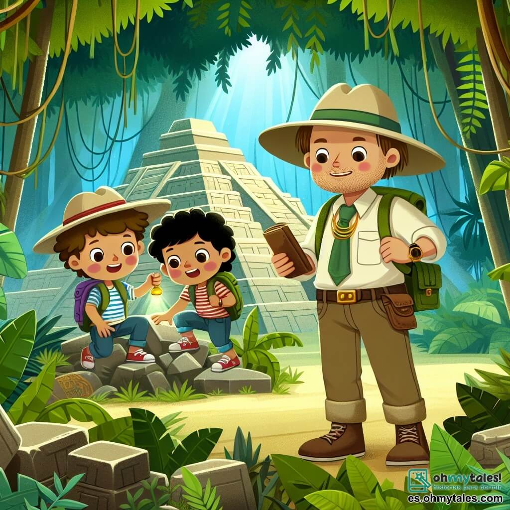 Une illustration destinée aux enfants représentant un homme arborant un chapeau d'explorateur, accompagné de deux enfants curieux, découvrant des trésors antiques dans une ancienne pyramide envahie par la végétation, au cœur d'une jungle mystérieuse.