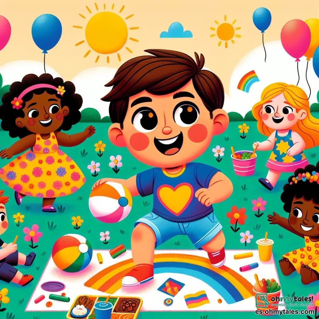 Une illustration sous forme de dessin destinée aux enfants représentant un parc ensoleillé, rempli de fleurs colorées et de ballons, où un garçon de 3 ans avec des cheveux bruns et des yeux pétillants joue joyeusement avec une balle, entouré de ses amis : une fille aux cheveux crépus et à la peau marron qui porte une robe colorée et qui rit, un garçon un peu plus grand avec une peau claire et une t-shirt de super-héros qui fait des gestes de danse, et une fille aux cheveux blonds et aux yeux clairs qui dessine un arc-en-ciel sur le sol avec des craies, tous partageant des plats typiques de leurs cultures, illustrant ainsi la beauté de la diversité et de l'amitié.