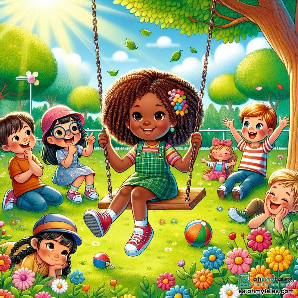Ilustración que representa un parque soleado, lleno de árboles con hojas verdes brillantes y flores coloridas que bailan con la suave brisa. En el centro, un columpio de madera donde una niña de nueve años, con cabello castaño y rizado, se balancea alegremente, con una gran sonrisa en los labios, mientras un grupo de tres amigos la rodea. Un niño de diez años, con cabello castaño y gafas redondas, observa pensativo, con una mano en la barbilla. Otra niña, de unos nueve años, con trenzas y una camiseta colorida, levanta los brazos al aire, llena de entusiasmo. Por último, un niño de nueve años, con cabello rubio y despeinado, ríe haciendo muecas. La situación principal muestra a la niña en el columpio, compartiendo sus sentimientos con sus amigos, quienes la escuchan atentamente, creando una atmósfera de apoyo y amistad. Al fondo, nubes blancas flotan en un cielo azul, simbolizando los pensamientos y emociones que cruzan la mente de la niña. Juguetes esparcidos por el césped, como un balón y una muñeca, añaden un toque lúdico a esta escena infantil.