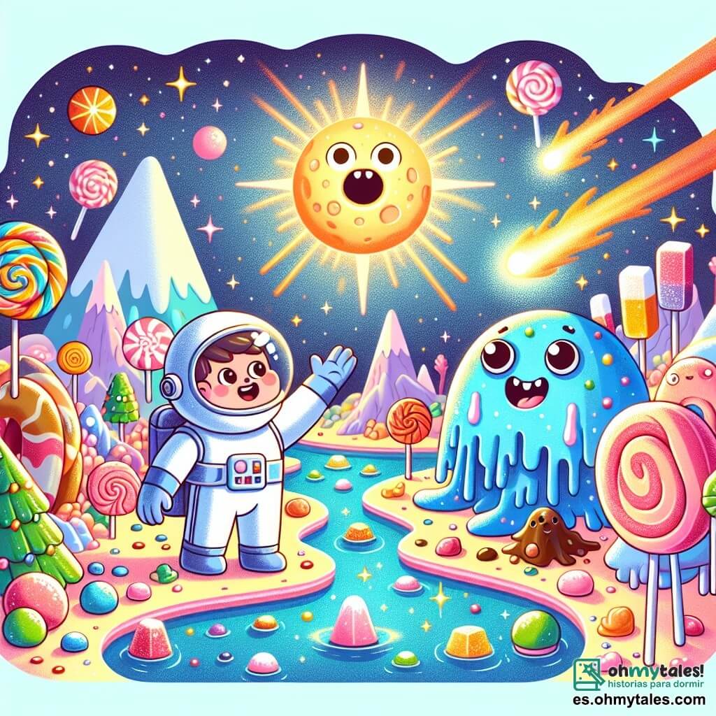 Une illustration destinée aux enfants représentant un astronaute émerveillé par un comète brillante, accompagné d'un être en sucre, explorant un planète entièrement composée de bonbons et sucreries, avec des arbres de piruletas, des rivières de chocolat et des montagnes de guimauves scintillantes.