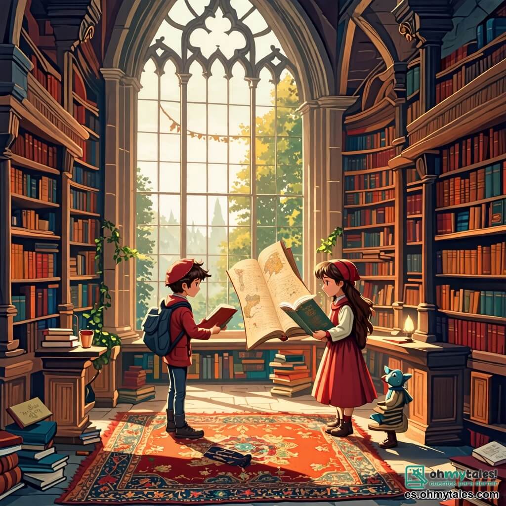 Ilustración que representa una escena mágica en una antigua biblioteca, con paredes cubiertas de libros polvorientos y mapas antiguos. Grandes ventanas dejan entrar una luz suave, iluminando estanterías de madera tallada, mientras una alfombra colorida adorna el suelo. En el centro, un niño de diez años, con el cabello despeinado y un gorro de lana, sostiene un libro abierto, con los ojos brillantes de emoción. A su lado, una niña de su edad, con cabello largo y rizado, examina un mapa antiguo, con el rostro concentrado. Otra niña, ligeramente más joven, de cabello corto, habla con un pequeño animal mágico, una ardilla de ojos brillantes, que parece atento. Por último, un niño con gafas y una sonrisa traviesa toma notas en un cuaderno, listo para capturar cada detalle. La situación principal muestra al grupo descubriendo un libro misterioso sobre un medallón mágico, mientras una sombra inquietante se perfila afuera de la ventana, sugiriendo una aventura inminente. Elementos gráficos adicionales incluyen estrellas brillantes flotando en el aire, destellos de magia alrededor del libro y criaturas fantásticas escondidas en los rincones de la biblioteca, añadiendo un toque de misterio al conjunto.