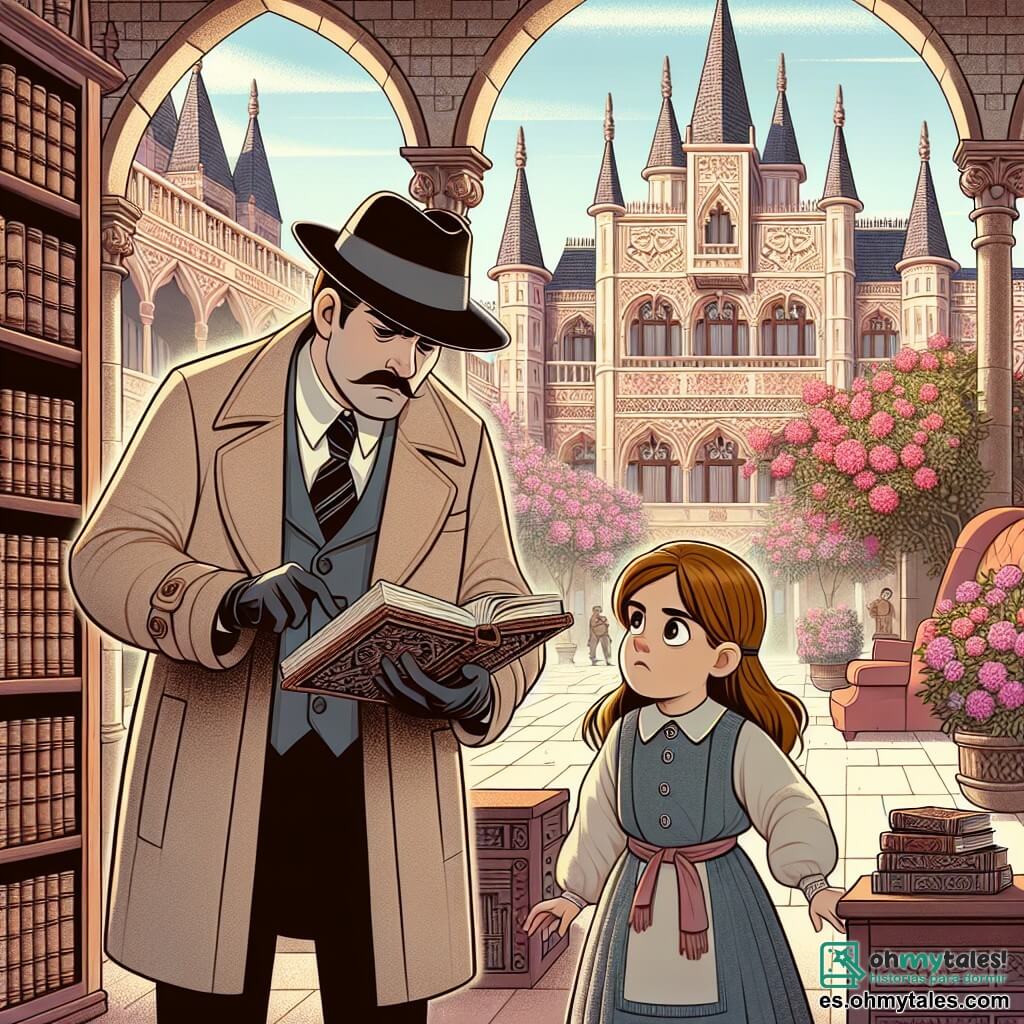 Une illustration destinée aux enfants représentant un homme détective, vêtu d'un manteau beige et d'un chapeau noir, examinant une mystérieuse bibliothèque aux étagères remplies de livres anciens, accompagné d'une jeune fille servante aux yeux curieux, dans la majestueuse Mansión Aldebarán, avec ses tours pointues et ses jardins fleuris.