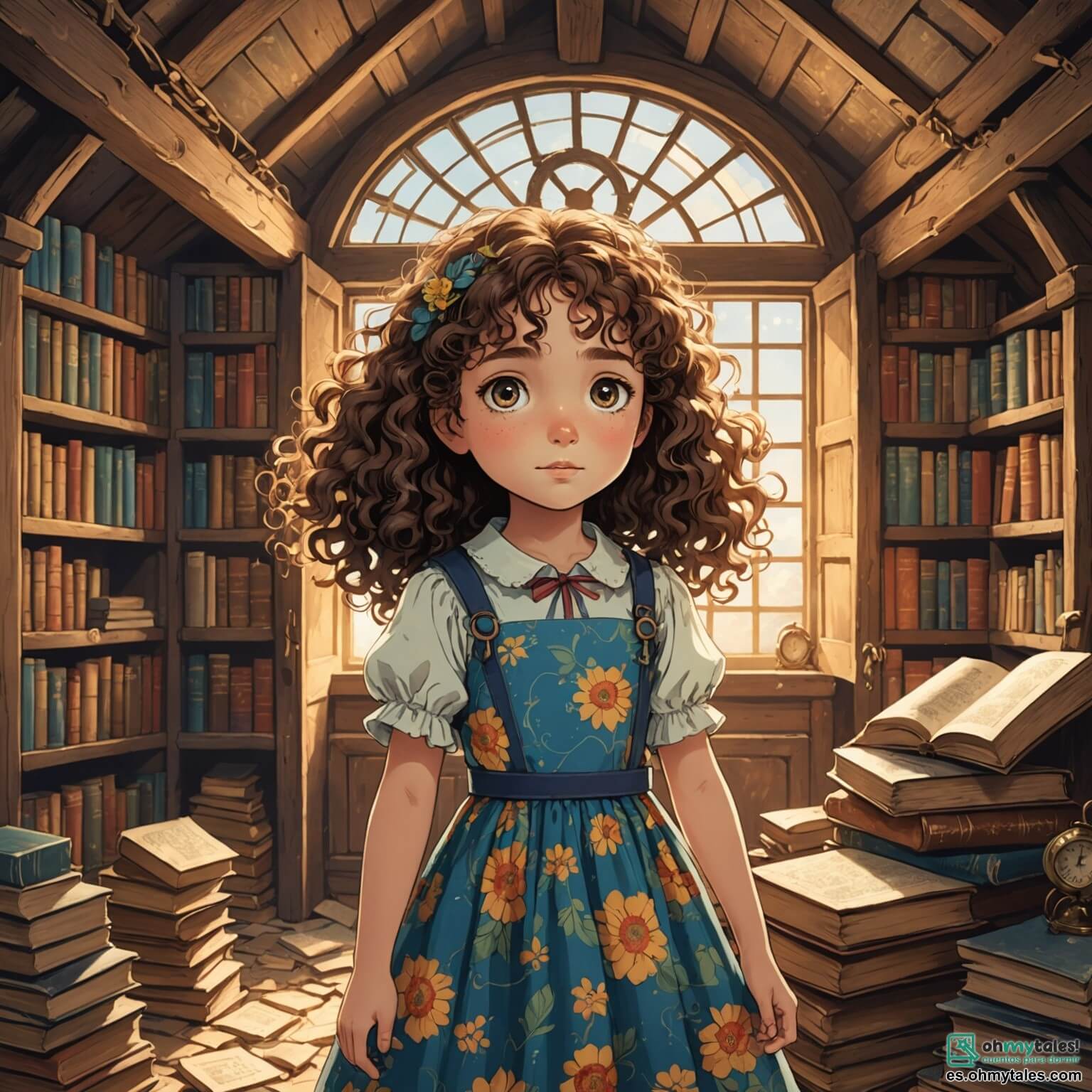 Une illustration destinée aux enfants représentant une petite fille aux cheveux bouclés et aux yeux pétillants de curiosité, vêtue d'une robe colorée ornée de motifs floraux, se tenant dans un vieux grenier poussiéreux rempli de trésors oubliés, où des rayons de lumière filtrent à travers les lucarnes, illuminant des livres anciens aux couvertures usées et un mystérieux horloge de poche scintillant, tandis qu'elle découvre avec émerveillement un monde de voyages dans le temps, accompagnée d'un sage chevalier au regard bienveillant et d'un dragon majestueux aux écailles vertes brillantes, dans un royaume médiéval vibrant de couleurs, de châteaux imposants et de forêts enchantées.