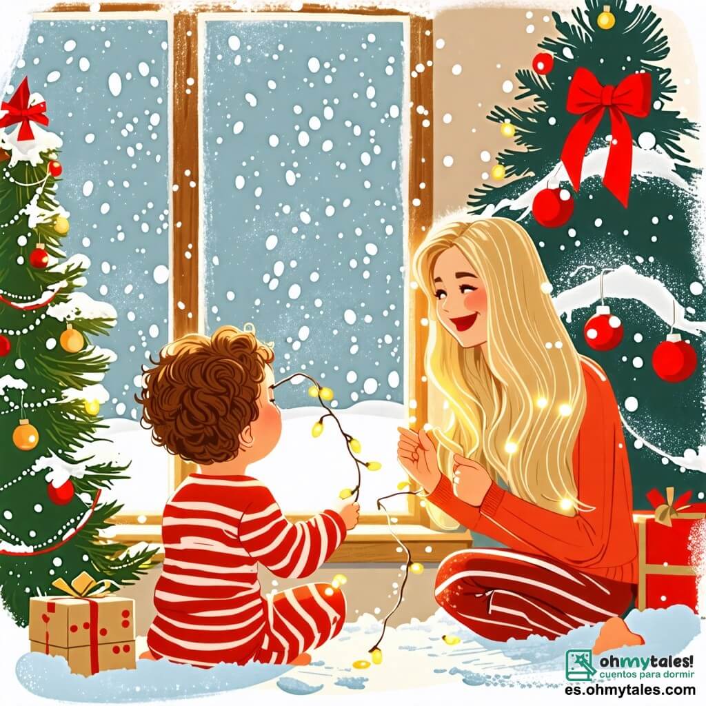Une illustration sous forme de dessin destinée aux enfants représentant un salon chaleureux décoré pour Noël, avec un petit garçon de 2 ans aux cheveux bruns et bouclés, portant un pyjama rayé, qui regarde émerveillé par la fenêtre où la neige tombe doucement, tandis que sa maman, une femme souriante aux cheveux longs et blonds, l'observe tendrement en tenant une guirlande lumineuse, le tout baigné dans une douce lumière dorée qui évoque la magie de Noël.
