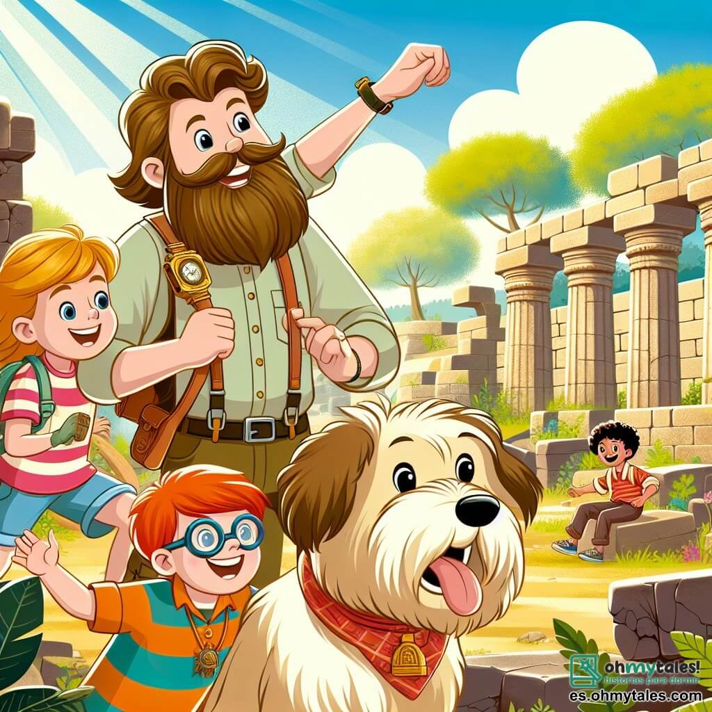 Une illustration destinée aux enfants représentant un archéologue barbu, un chien joyeux, une petite fille et un garçon jouant parmi les ruines ensoleillées d'une ancienne cité perdue.