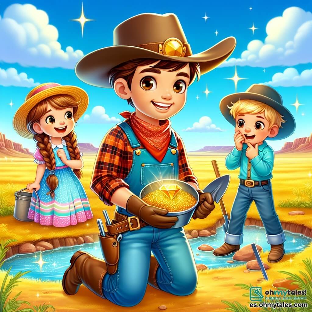 Une illustration sous forme de dessin destinée aux enfants représentant un vaste paysage de prairie dorée sous un ciel bleu éclatant, avec un jeune homme vaillant portant un grand chapeau de cowboy, une chemise à carreaux et des jeans, tenant une pelle et un petit seau, entouré de deux amis : une fille aux cheveux bruns tressés, souriante et portant une robe colorée, et un garçon aux cheveux blonds, vêtu d'une chemise bleue, qui regarde avec émerveillement un éclat d'or dans sa main, alors qu'ils se tiennent près d'un ruisseau scintillant, tous trois célébrant leur découverte dans le mystérieux et magique "Valle del Oro".