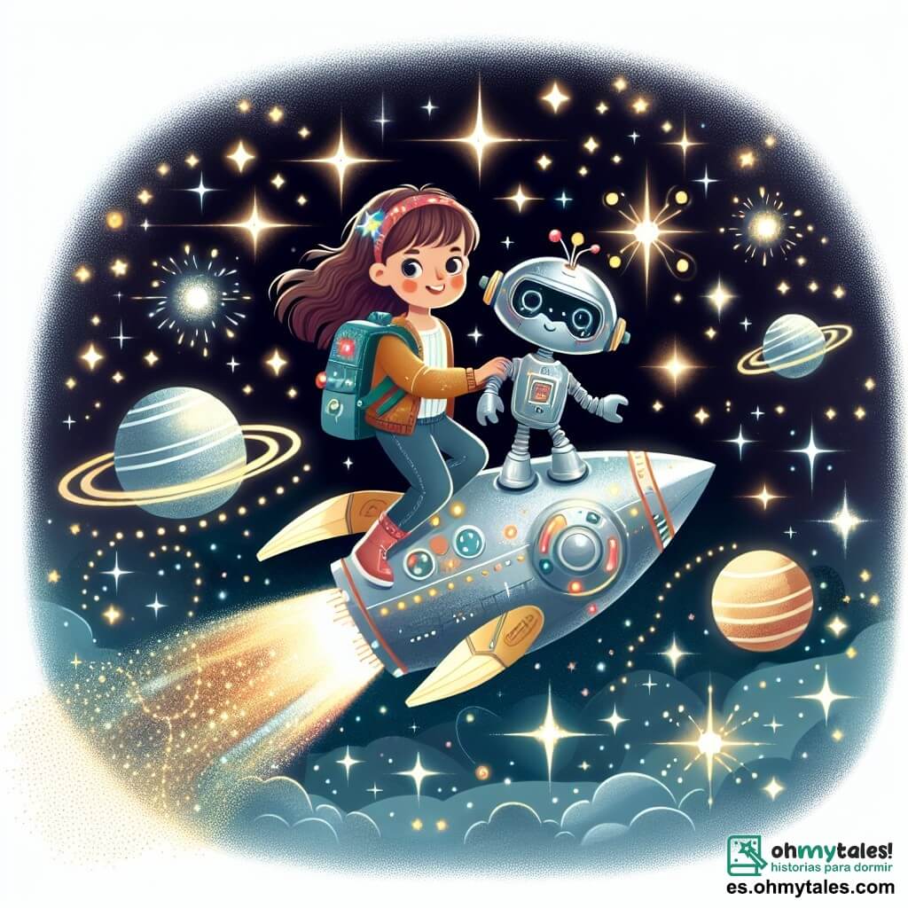 Une illustration destinée aux enfants représentant une jeune fille intrépide naviguant à travers les étoiles avec l'aide d'un robot compagnon adorable, sur un vaisseau spatial scintillant voguant à travers un ciel intergalactique parsemé d'astres lumineux.