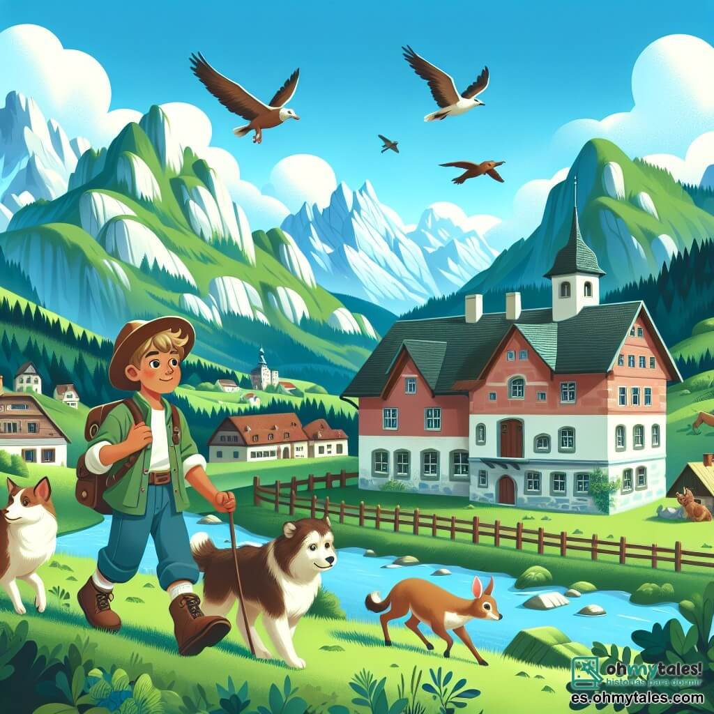 Une illustration destinée aux enfants représentant un jeune garçon intrépide découvrant les conséquences du changement climatique dans un magnifique village entouré de collines verdoyantes, accompagné de ses fidèles amis animaux.