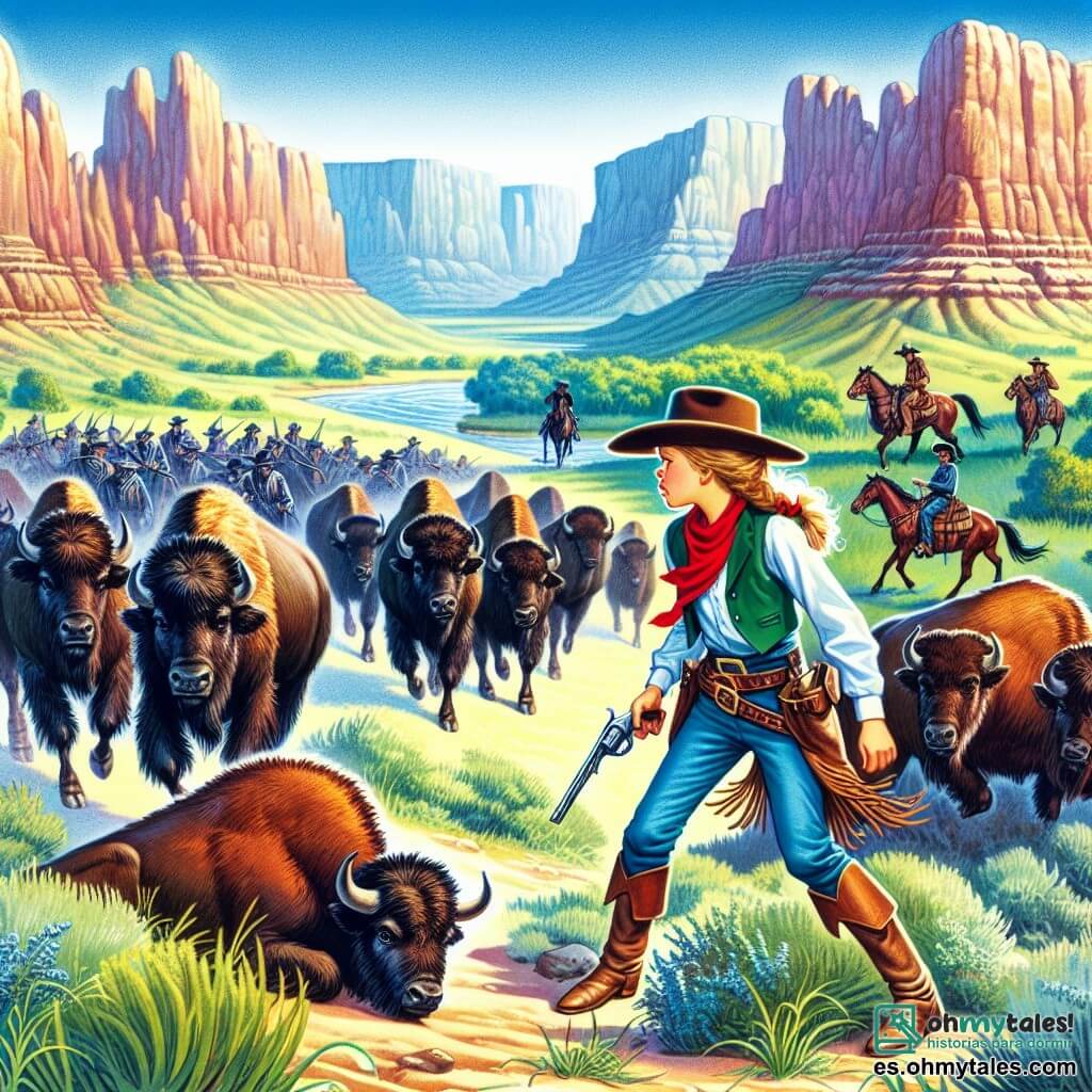 Une illustration destinée aux enfants représentant une courageuse vaquera (fille) affrontant des bandits dans un canyon, accompagnée de búfalos égarés, dans le majestueux et sauvage Ouest, entre prairies verdoyantes et montagnes imposantes.