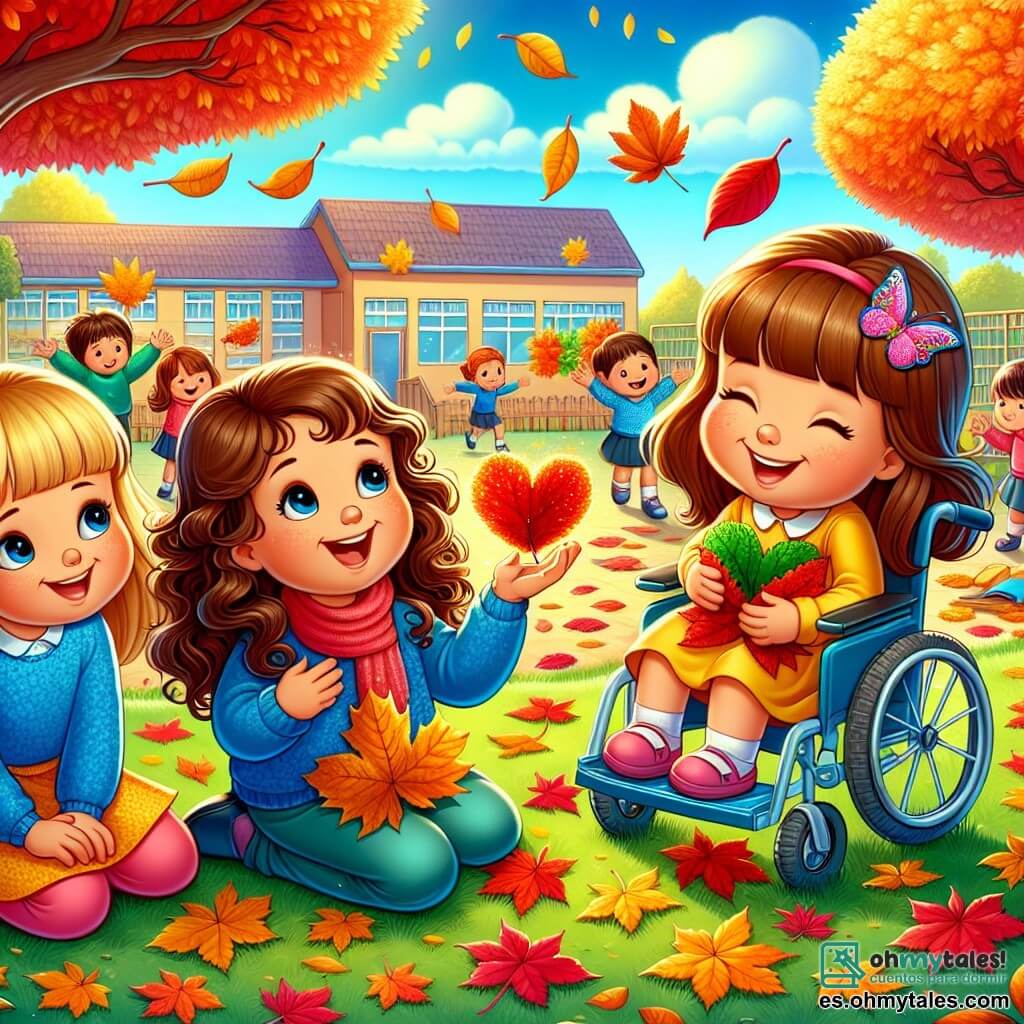Ilustración que representa un hermoso patio escolar en otoño, con árboles cuyas hojas brillan en colores rojo, naranja y amarillo. En el centro, tres niñas de unos siete años están sentadas sobre la hierba verde. Una de ellas, con cabello rizado y castaño, lleva un suéter azul y sostiene una hoja roja brillante en sus manos, sonriendo con asombro. La segunda niña, con cabello liso y rubio, viste un vestido amarillo y muestra una hoja en forma de corazón que ha encontrado. La tercera niña, con cabello castaño y una diadema en forma de mariposa, está en una silla de ruedas, radiante de alegría, sosteniendo una gran hoja verde. Están rodeadas de hojas caídas, creando una alfombra colorida a su alrededor. Al fondo, compañeros de clase juegan y ríen, mientras el cielo es de un azul brillante, añadiendo a la atmósfera alegre de este hermoso día de otoño.