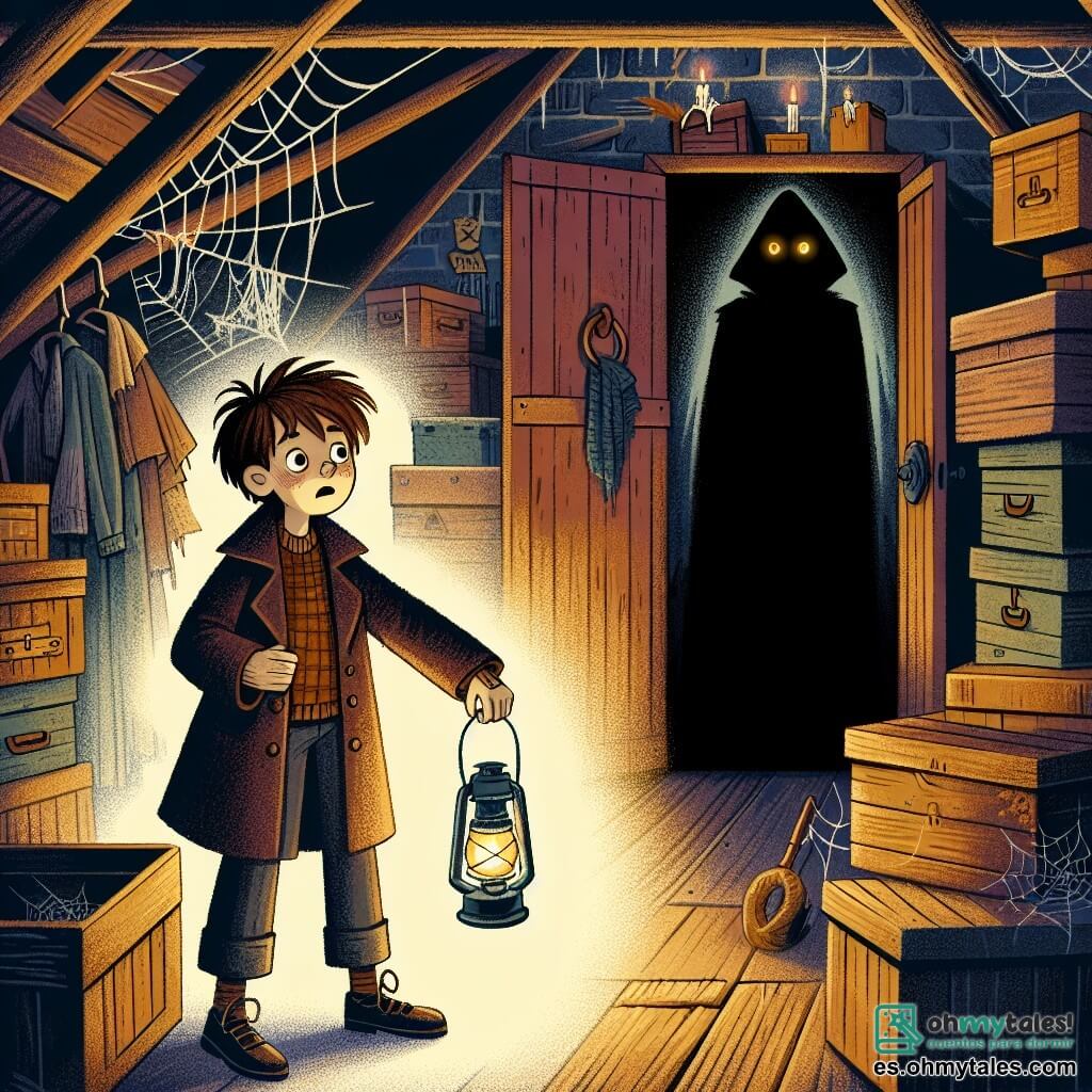 Une illustration sous forme de dessin destinée aux enfants représentant un vieux grenier sombre et poussiéreux, rempli de boîtes en bois et de toiles d'araignée, où un garçon de 11 ans aux cheveux bruns en désordre et aux yeux curieux, tenant une petite lanterne, découvre une porte mystérieuse cachée derrière un armoire, tandis qu'une silhouette inquiétante, un gardien aux yeux jaunes et à la cape sombre, se tient dans l'ombre, observant le garçon avec une expression à la fois menaçante et intrigante, symbolisant le début d'une aventure où le courage et la peur se rencontrent.
