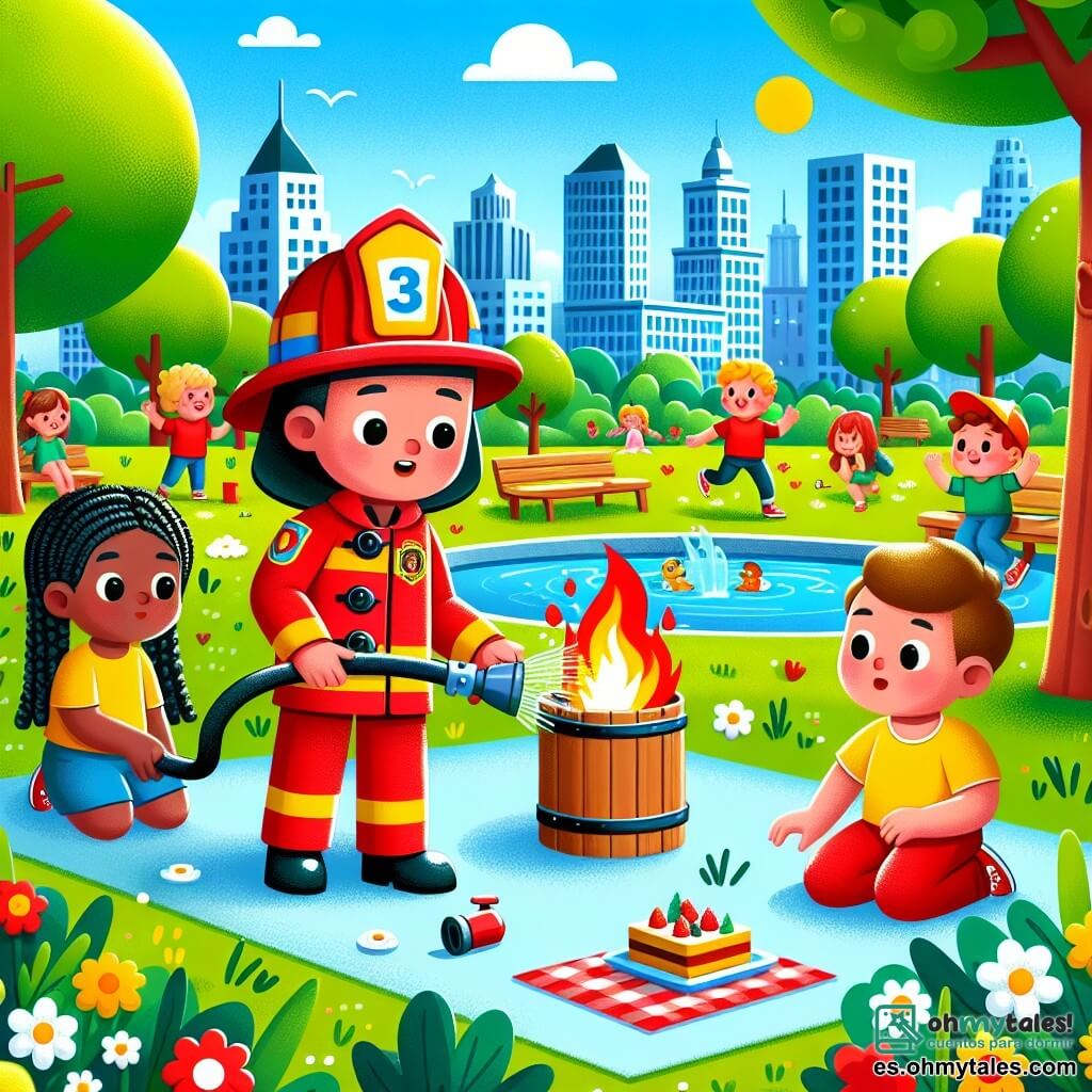 Illustration destinée aux enfants représentant un parc ensoleillé de la ville de Colorín, avec des arbres aux feuilles vertes éclatantes, des fleurs colorées et des enfants jouant joyeusement sur l'herbe. Au centre, un homme pompier au casque brillant et à l'uniforme rouge vif, souriant et tenant une grande manguera, montre aux enfants comment éteindre un petit feu contrôlé dans un baril. À ses côtés, une fille aux trenzas et à la chemise jaune, regardant avec émerveillement, et un garçon avec une casquette rouge, prêt à utiliser la manguera pour éteindre le feu. L'atmosphère est pleine de joie et d'excitation, avec des éclats de rire et des gâteaux disposés sur une couverture à proximité, symbolisant l'esprit d'équipe et l'apprentissage.
