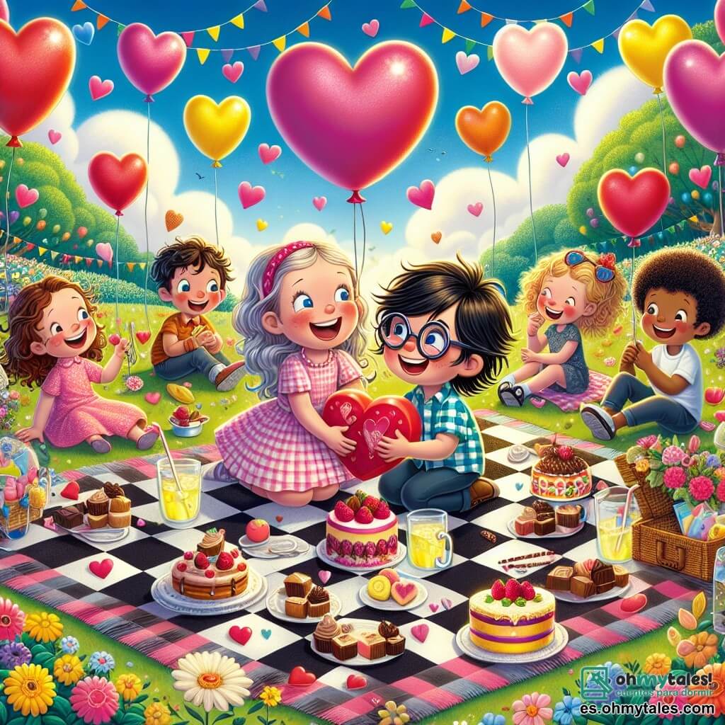 Ilustración que representa una escena alegre en un parque colorido, decorado con globos en forma de corazón flotando en el aire. En el centro, un grupo de niños se divierte alrededor de un gran mantel a cuadros, lleno de pasteles, limonada y galletas en forma de corazón. Dos niños de siete años, uno con cabello castaño desordenado y una sonrisa radiante, y el otro con cabello rubio y gafas, están sentados en el mantel, intercambiando chocolates en forma de corazón. Junto a ellos, una niña con cabello rizado y gafas rosas, sonriente, lee en voz alta un libro ilustrado sobre la amistad, mientras otro niño, con cabello negro y ojos brillantes, baila alegremente sosteniendo una caja de música que toca una melodía suave. La atmósfera es festiva y cálida, con risas de niños resonando alrededor, flores coloridas bordeando el parque y un cielo azul salpicado de nubes blancas. Corazones de papel están colgados en los árboles, añadiendo un toque mágico a esta celebración de la amistad y el amor.