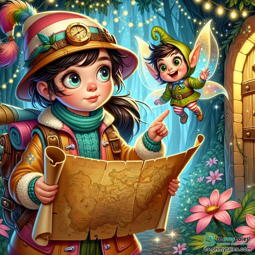 Une illustration sous forme de dessin destinée aux enfants représentant un magnifique Bosque de los Sueños, rempli de lumières scintillantes et de fleurs chantantes, où une jeune exploratrice courageuse aux cheveux bruns et aux yeux pétillants, vêtue d'une veste colorée et d'un chapeau d'aventurière, se tient avec un sourire émerveillé, tenant un ancien mappe enroulé, tandis qu'à ses côtés, un petit duende aux ailes brillantes et à la peau verte, flottant joyeusement, lui montre une porte dorée mystérieuse qui s'ouvre sur un monde magique, illustrant ainsi leur quête d'aventure et de découvertes.