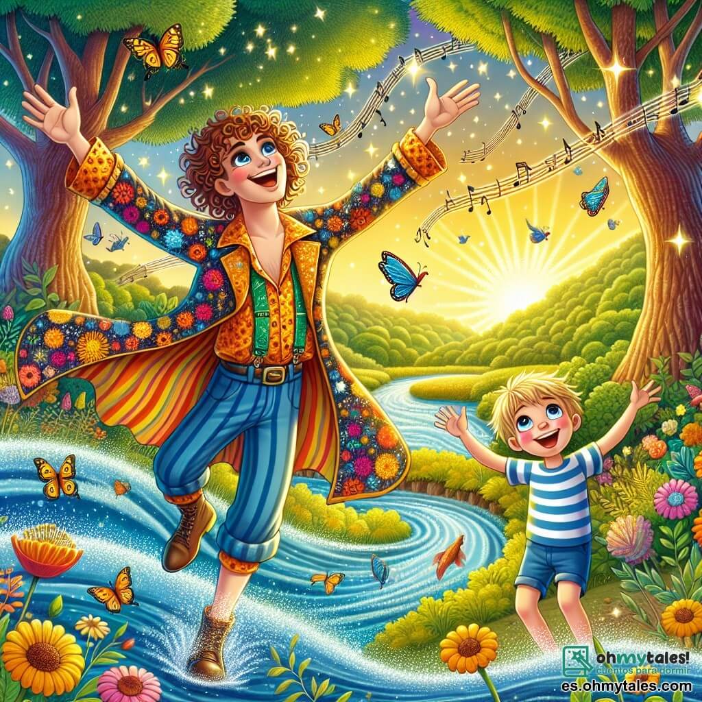 Ilustración que representa un magnífico paisaje encantador, donde un río brillante serpentea a través de un bosque frondoso. Los árboles son altos y majestuosos, sus hojas brillan intensamente bajo el sol dorado, mientras que flores coloridas bailan al ritmo del viento. En el centro de la escena, un hombre con una sonrisa radiante se encuentra de pie, vestido con un traje colorido de motivos alegres. Tiene el cabello rizado y ojos chispeantes de picardía. Con gran energía, sonríe ampliamente, con los brazos abiertos, como si compartiera su alegría con el mundo entero. A su lado, un niño de unos ocho años, con cabello rubio y ojos azules, mira con admiración. Lleva una camiseta a rayas y un pantalón corto, y salta de alegría, con los brazos levantados hacia el cielo, expresando su entusiasmo. La situación principal muestra al río que vuelve a cantar, peces saltando fuera del agua, sus escamas brillando como diamantes. Notas de música flotan en el aire, creando una atmósfera de felicidad y magia. Mariposas coloridas vuelan a su alrededor, añadiendo un toque de ligereza a la escena, mientras que los pájaros cantan en los árboles, contribuyendo a la armonía de este momento alegre.