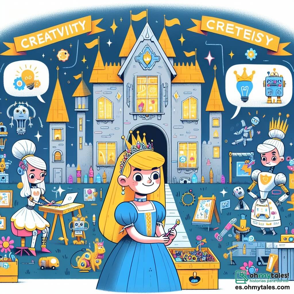 Une illustration destinée aux enfants représentant une jeune fille ingénieuse vivant dans une maison remplie d'inventions, confrontée à un concours de créativité au palais royal, avec ses méchantes demi-sœurs jalouses, dans un royaume futuriste où la technologie règne en maître.
