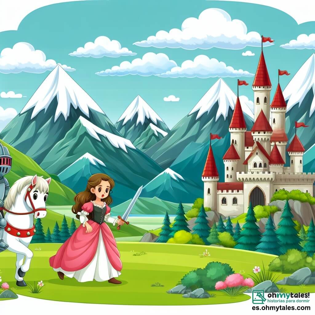 Une illustration destinée aux enfants représentant un courageux chevalier, une princesse en détresse, un château majestueux entouré de montagnes enneigées et de vastes prairies verdoyantes.