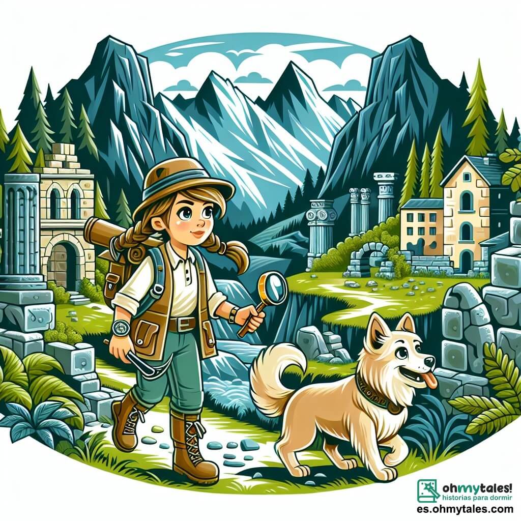 Une illustration destinée aux enfants représentant une archéologue courageuse, une fille, explorant une ancienne ruine avec un chien fidèle, un garçon, dans un village pittoresque entouré de montagnes verdoyantes et mystérieuses.