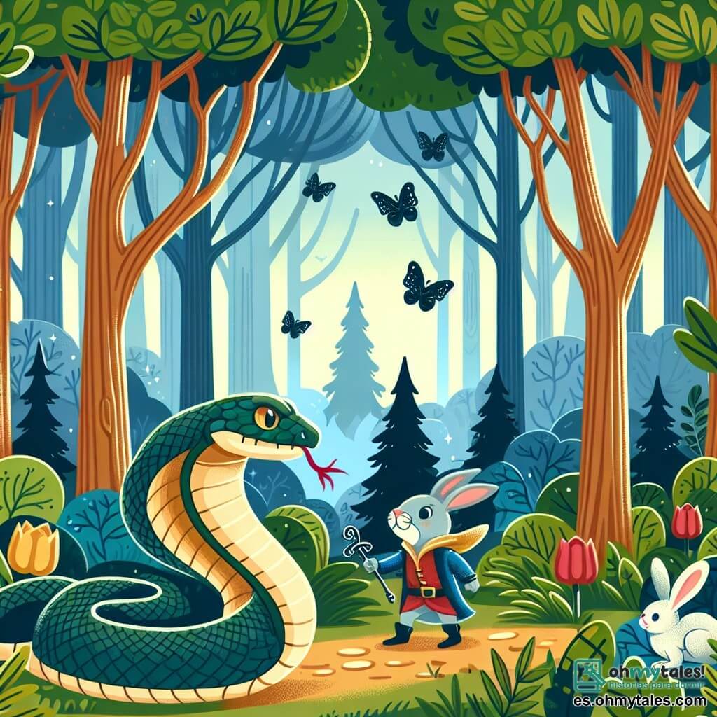 Une illustration destinée aux enfants représentant un serpent courageux, se trouvant dans une forêt enchantée remplie d'arbres majestueux, où il fait la rencontre d'un petit lapin apeuré, et tous deux deviennent des amis inséparables à travers de nombreuses aventures.