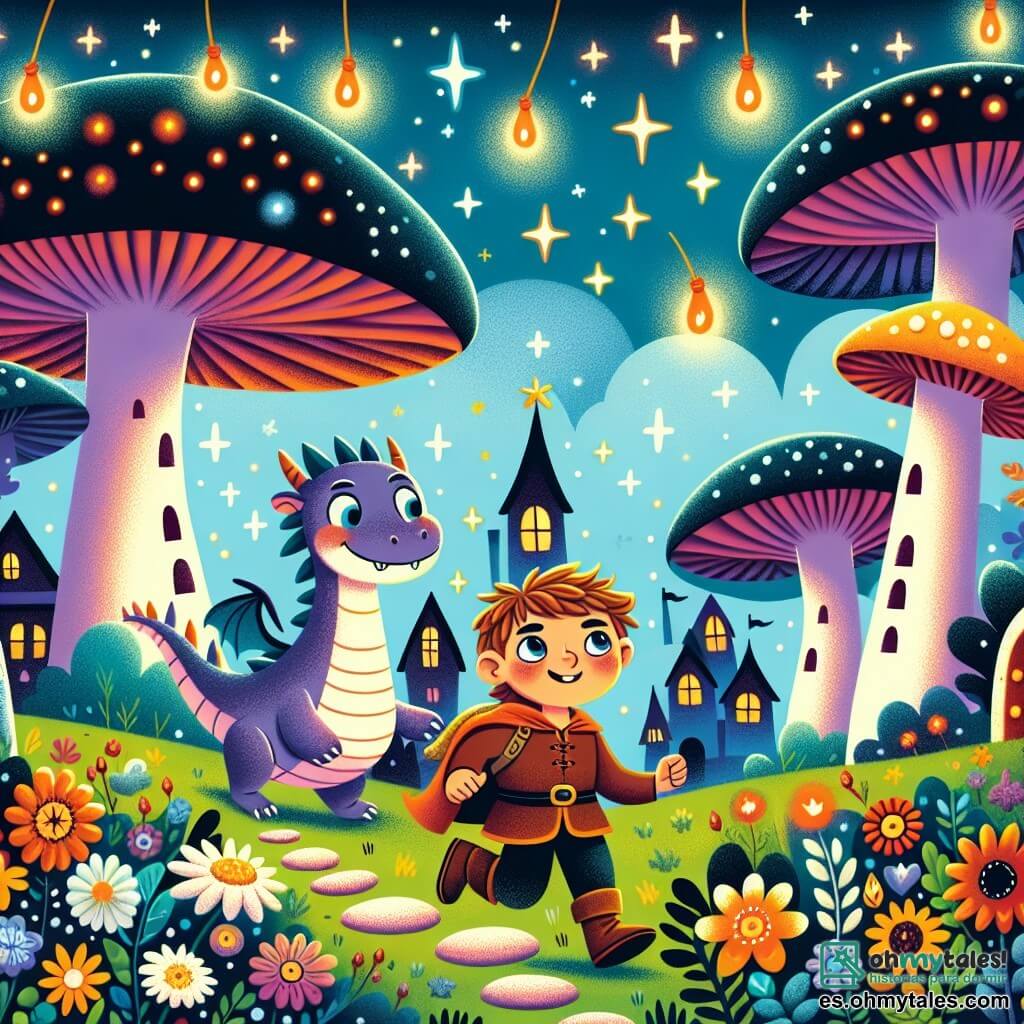 Une illustration destinée aux enfants représentant un garçon intrépide se lançant dans une aventure fantastique avec son ami un dragon timide et maladroit, dans un village coloré aux maisons en forme de champignons, entouré de fleurs géantes et d'arbres dansants au visage souriant, sous un ciel étoilé illuminé par des lucioles scintillantes.