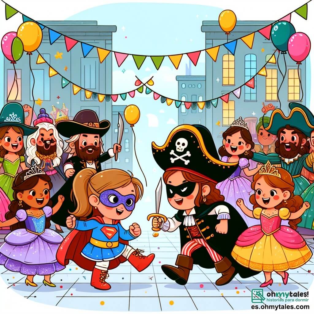 Une illustration destinée aux enfants représentant une petite fille déguisée en súper heroïna, affrontant un pirate malvado lors du défilé de Carnaval, entourée de princesses étincelantes, pirates intrépides et clowns joyeux, dans les rues colorées et animées de la ville décorées de guirlandes et de ballons.