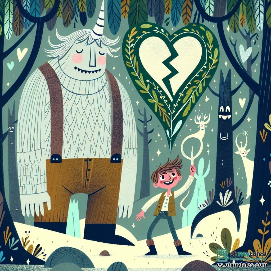Une illustration destinée aux enfants représentant un petit garçon malin et courageux, se liant d'amitié avec un gigantesque géant au cœur brisé, dans un bosquet enchanté où les arbres dansent au rythme des rires des créatures magiques.