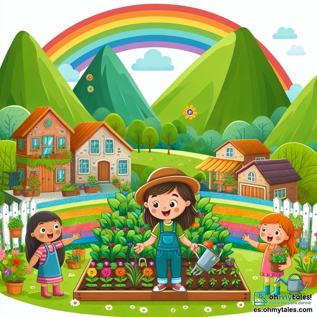 Une illustration destinée aux enfants représentant une fillette curieuse et pleine d'énergie qui crée un magnifique jardin sostenible avec l'aide de sa famille dans le paisible village coloré d'Arcoiris, entouré de montagnes verdoyantes et d'arc-en-ciel chatoyants.