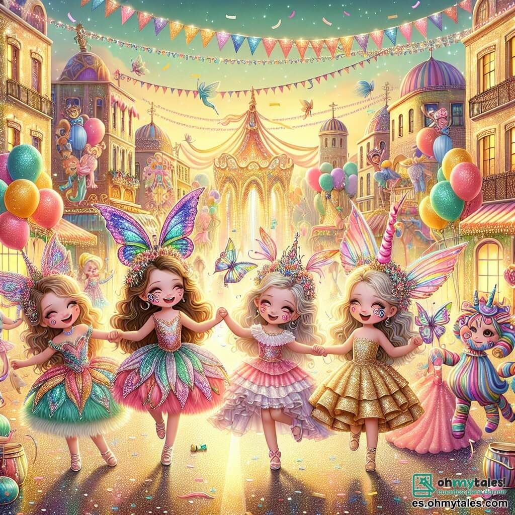 Ilustración que representa una escena vibrante del carnaval en una pequeña ciudad soleada. Las calles están decoradas con serpentinas coloridas, globos flotantes y luces centelleantes, creando una atmósfera festiva y alegre. En el centro de la imagen, cuatro niñas de siete años se toman de la mano, cada una vestida con un disfraz llamativo: una es un hada con alas multicolores, otra un unicornio con una melena arcoíris, la tercera es una mariposa con patrones delicados en su rostro, y la última es una estrella brillante con un vestido dorado. Ríen y bailan, rodeadas de personajes fantásticos como payasos traviesos y criaturas mágicas. Al fondo, un gran árbol con hojas doradas se alza, añadiendo un toque de magia a la escena. Confeti vuela en el aire, y la atmósfera está llena de música y alegría, capturando el espíritu de un día inolvidable en el carnaval.