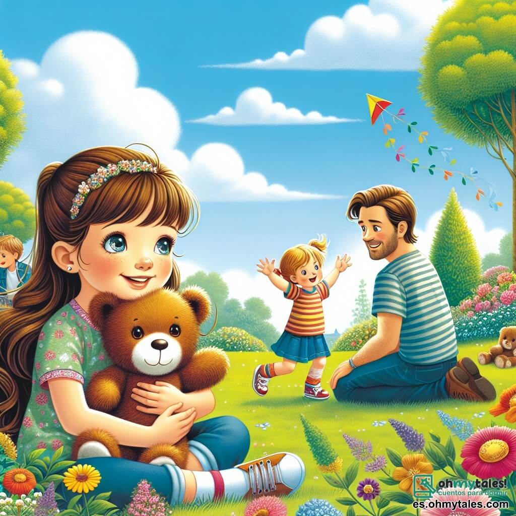 Ilustración que representa una escena en un parque soleado, con árboles de hojas verdes brillantes y flores de colores que bailan al viento. En el centro de la imagen, una niña de cinco años, con largos cabellos castaños y ojos brillantes, sostiene un osito de peluche en sus brazos. A su lado, una mujer de unos treinta años, con el cabello castaño recogido en una coleta, sonríe tiernamente mientras se agacha para estar a la altura de la niña. La niña parece a la vez alegre y un poco melancólica, mientras la mujer le habla suavemente, explicándole la nueva situación familiar. Al fondo, un niño de seis años, con cabello rubio y camiseta a rayas, juega con una cometa, simbolizando la esperanza y la alegría. Nubes blancas flotan en el cielo azul, añadiendo un toque de ligereza a la escena.