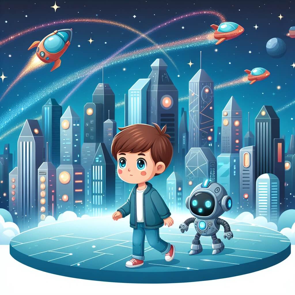 Une illustration destinée aux enfants représentant un jeune garçon curieux explorant une ville futuriste remplie de gratte-ciels scintillants, accompagné d'un mystérieux robot, dans un monde où les voitures volantes sillonnent un ciel étoilé.