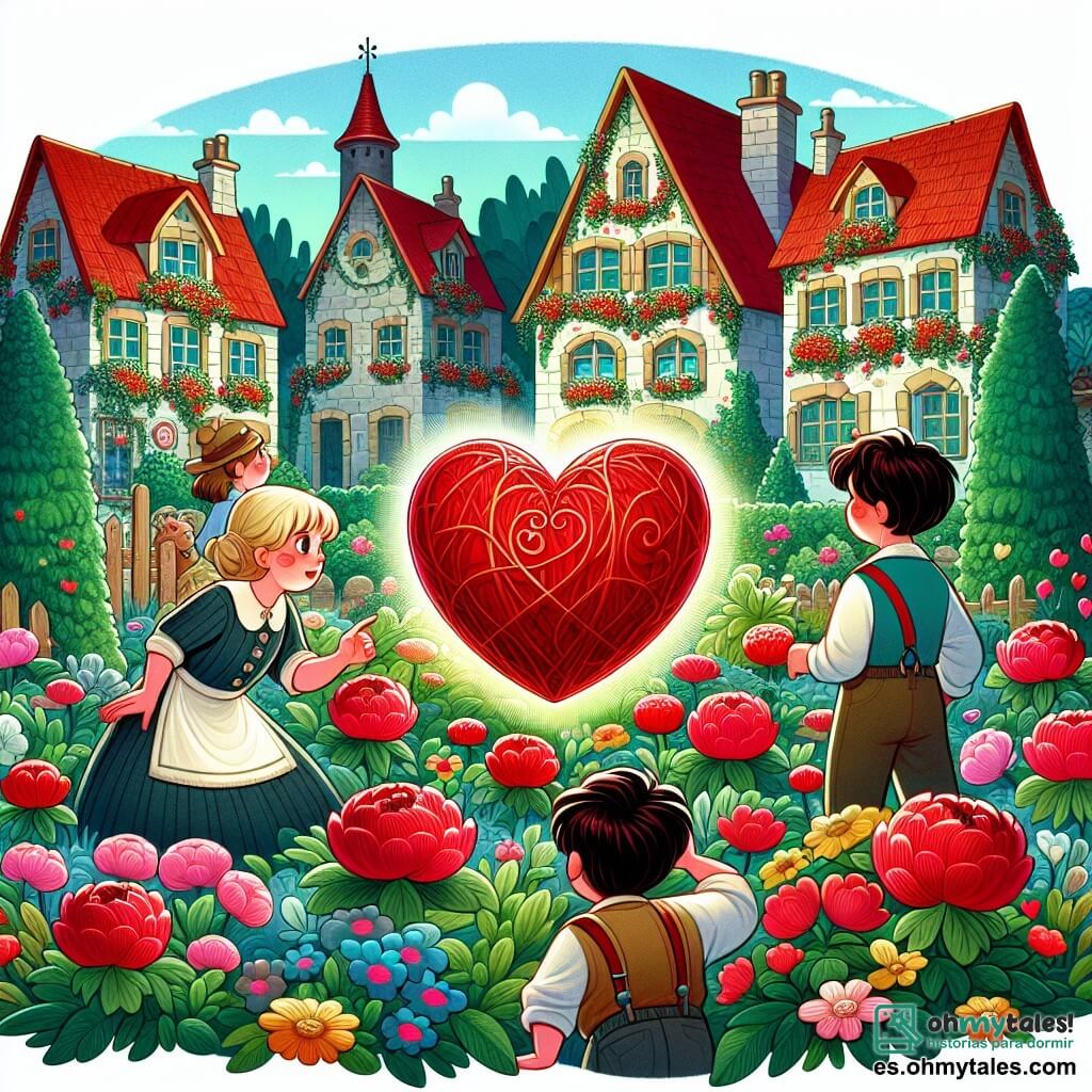 Une illustration destinée aux enfants représentant un petit garçon curieux et ses amis, découvrant un cœur magique dans un jardin enchanté rempli de fleurs colorées, pour résoudre le mystère de la disparition du cœur géant de la place du village, le tout se déroulant dans un petit village pittoresque décoré de guirlandes de cœurs rouges pour la fête de la Saint-Valentin.