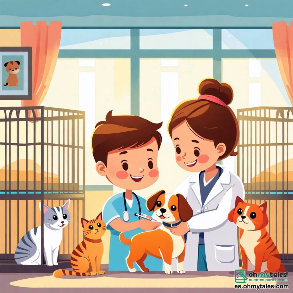 Ilustración que representa un refugio para animales cálido y acogedor, con paredes pintadas en colores pastel y ventanas que dejan entrar la luz del sol. Hay jaulas cómodas dispuestas alrededor, con animales adorables, como perros y gatos, mirando con curiosidad. En el centro, una veterinaria, una mujer de unos treinta años, con cabello castaño recogido en un moño, lleva una bata blanca y una sonrisa benevolente. Está inclinada sobre un pequeño perro, un adorable terrier, al que cuida con ternura, sosteniendo una jeringa en una mano y acariciando al animal con la otra. A su lado, un niño de unos nueve años, con cabello rubio despeinado y ojos brillantes, observa atentamente, con las manos en las caderas, lleno de admiración por el trabajo de la veterinaria. La escena irradia una atmósfera de compasión y amor por los animales, con juguetes para mascotas esparcidos por el suelo y carteles coloridos en las paredes promoviendo la adopción.