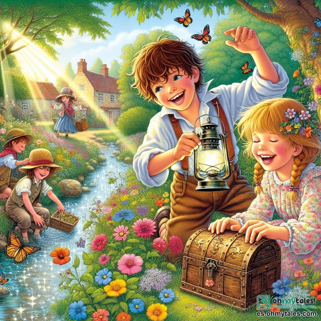 Ilustración que representa una escena alegre junto a un pequeño arroyo en el pueblo de San Estrella. El arroyo brilla bajo el sol, rodeado de árboles verdes y flores coloridas que bailan suavemente con el viento. En el centro de la imagen, un niño de nueve años, con el cabello castaño despeinado y una sonrisa radiante, sostiene una linterna en una mano y un viejo cofre de madera en la otra, descubriendo un tesoro escondido. A su lado, una niña de seis años, con trenzas rubias y un vestido de flores, se arrodilla riendo, sosteniendo flores silvestres que acaba de recoger. Al fondo, un grupo de niños, incluyendo un chico alto con una gorra y una niña con gafas de sol, los observa con curiosidad y emoción. La atmósfera está llena de alegría, amistad y aventura, con mariposas coloridas volando a su alrededor y pájaros cantando en los árboles.