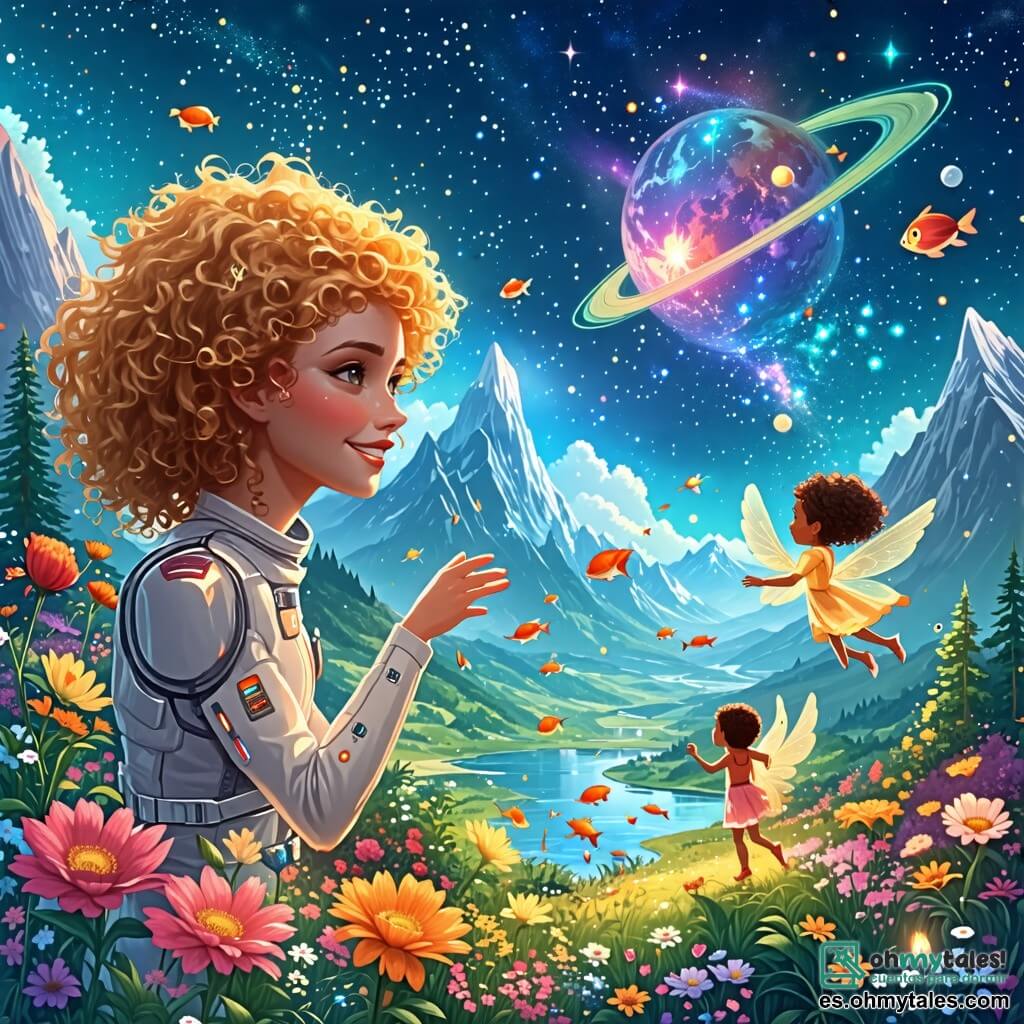 Une illustration sous forme de dessin destinée aux enfants représentant un paysage féerique du planète Zog, avec des montagnes scintillantes et un jardin de fleurs colorées, au premier plan une jeune femme aux cheveux dorés et bouclés, portant un élégant et futuriste costume spatial, émerveillée en touchant des fleurs géantes qui dansent dans le vent, tandis qu'à ses côtés, un petit être lumineux aux ailes brillantes, ressemblant à une fée, sourit joyeusement, et un garçon aux yeux pétillants observe des poissons volants dans un lac miroir, capturant l'esprit d'aventure et de découverte de l'univers.