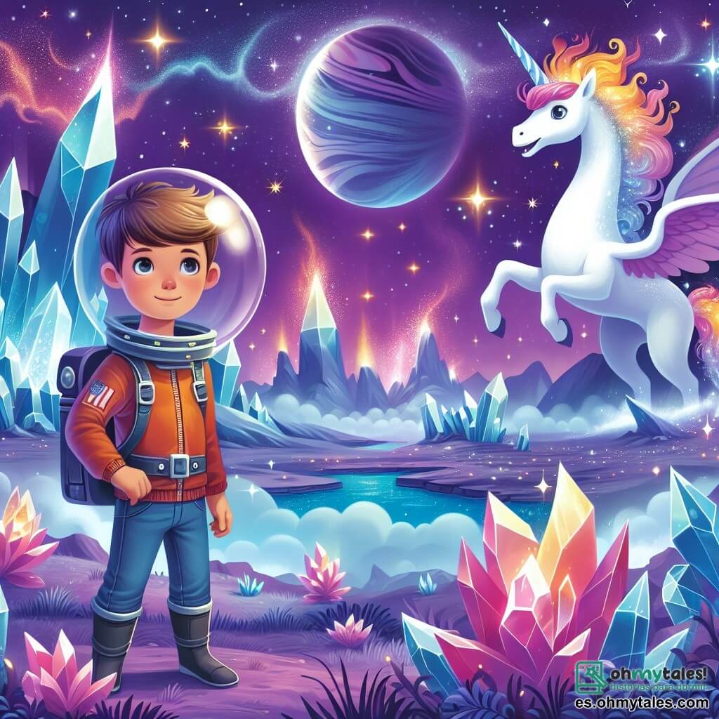 Une illustration destinée aux enfants représentant un jeune astronaute courageux découvrant une mystérieuse étoile de cristal perdue, accompagné de créatures majestueuses de feu, sur la planète Zafiro, un monde aux ciels violets parsemés d'étoiles scintillantes et de montagnes de cristal étincelantes.