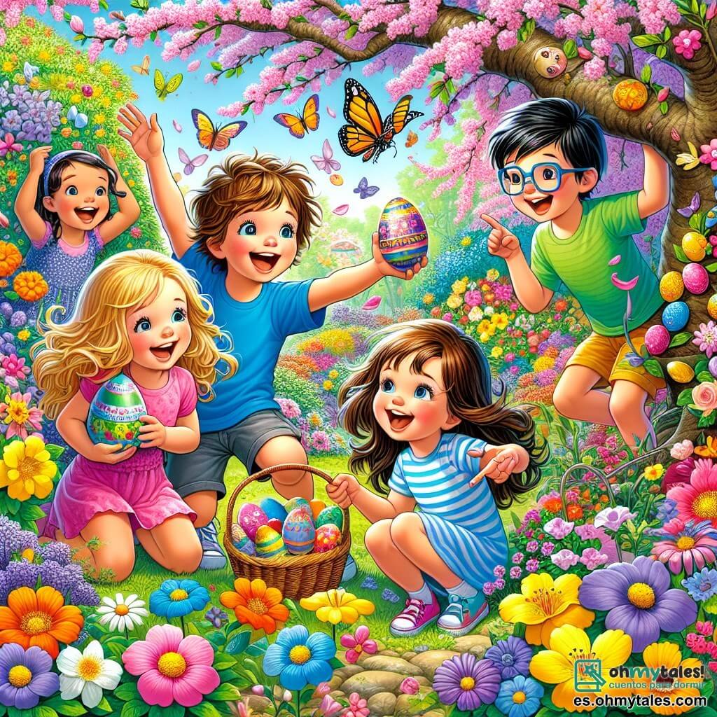 Ilustración que representa un hermoso jardín primaveral, lleno de flores coloridas en tonos vivos de rosa, amarillo y violeta, con árboles en flor cuyas ramas están cargadas de delicados pétalos. En el centro de la escena, un grupo de cuatro niños está reunido: un niño de 11 años con cabello castaño desordenado, que lleva una camiseta azul y un pantalón corto, sonriendo alegremente mientras sostiene un huevo de Pascua decorado; una niña de 10 años con cabello largo y rubio, vestida con un vestido rosa, que se agacha para admirar una pequeña flor; un niño de 11 años con gafas y cabello negro, vestido con una camiseta verde, que muestra una mariposa que vuela cerca de él; y una niña de 10 años con cabello castaño y dos coletas, que lleva una camiseta a rayas, riendo mientras intenta atrapar una mariposa. La escena principal muestra a los niños divirtiéndose juntos en el jardín, explorando la belleza de la naturaleza, rodeados de mariposas coloridas y rayos de sol filtrándose a través de las hojas. Al fondo, un cielo azul claro con algunas nubes blancas y un camino de tierra serpenteante a través del jardín, añaden a la atmósfera alegre y primaveral de la escena.