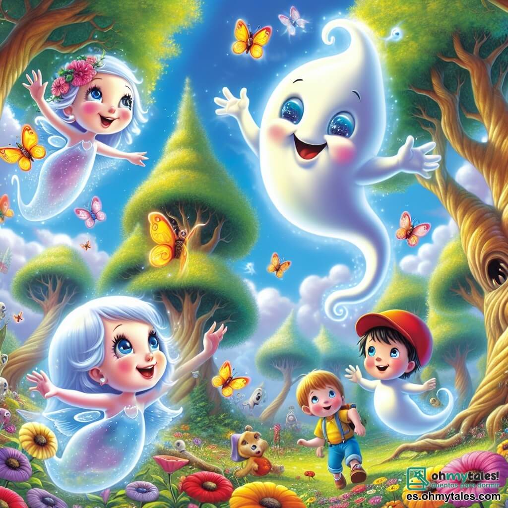 Illustration destinée aux enfants représentant un clairière enchantée dans le Bosque de los Susurros, où de grands arbres aux troncs torsadés s'élèvent vers un ciel bleu parsemé de nuages cotonneux, et où des fleurs colorées dansent au rythme d'une douce brise. Au centre, un fantôme joyeux, avec une forme arrondie et translucide, arbore un grand sourire et des yeux pétillants, flottant dans les airs en riant avec des amis. À ses côtés, une petite fantasma, délicate et lumineuse, avec des ailes scintillantes, effectue des pirouettes, tandis qu'un garçon aux yeux bleus et à la gorra rouge, débordant de curiosité, les observe avec émerveillement. La scène dégage une atmosphère de joie et de camaraderie, avec des éclats de rire résonnant dans l'air, et des papillons colorés virevoltant autour d'eux, créant une ambiance magique et festive.