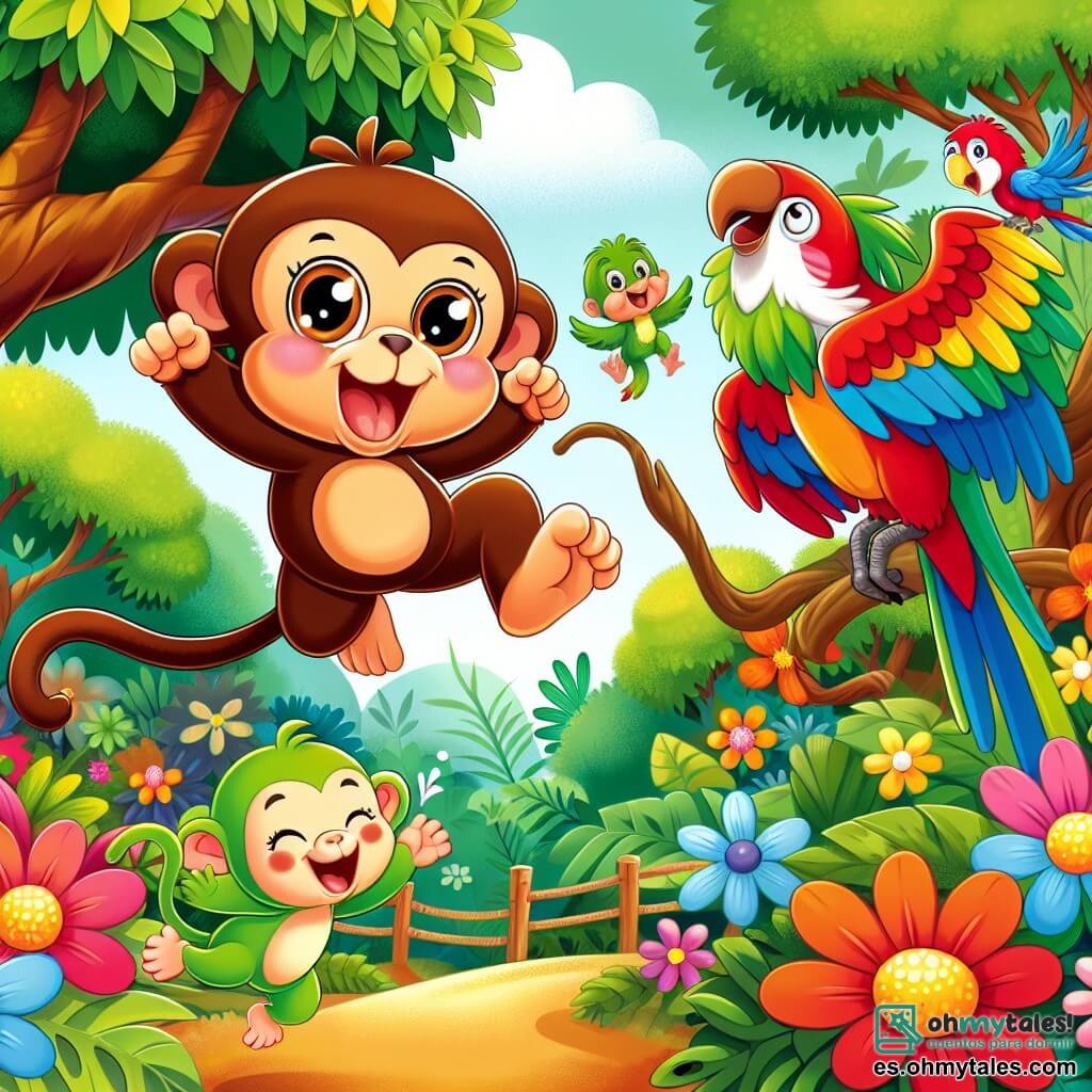 Une illustration sous forme de dessin destinée aux enfants représentant une jungle colorée avec des arbres majestueux et des fleurs éclatantes, au centre un singe espiègle avec un pelage brun et des yeux pétillants, en train de sauter joyeusement dans les airs, tandis qu'un perroquet aux plumes vives, rouge et vert, rit en se tenant sur une branche, entourés d'autres animaux amusés qui applaudissent et rient, illustrant une scène pleine de joie et d'amitié lors d'une compétition de sauts.