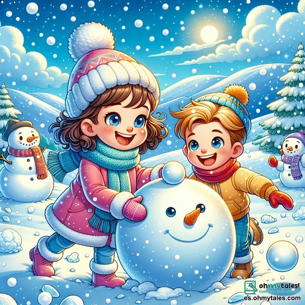 Ilustración que representa un paisaje invernal de ensueño, con colinas cubiertas de un espeso manto de nieve brillante bajo un cielo azul claro. En el centro de la escena, una niña de 7 años, con cabello castaño y rizado, lleva un abrigo rosa brillante, una bufanda azul y un gorro con pompones. Ella está haciendo una bola de nieve para construir un gran muñeco de nieve, su rostro irradia alegría y emoción. A su lado, un niño de 5 años, con cabello rubio y mejillas sonrojadas, ríe mientras lanza bolas de nieve, vestido con un overol amarillo y una pequeña bufanda roja. En el fondo, se puede ver un muñeco de nieve ya terminado, con una zanahoria como nariz y ramas como brazos, mientras copos de nieve caen suavemente del cielo. La atmósfera es alegre y mágica, capturando el espíritu lúdico del invierno.