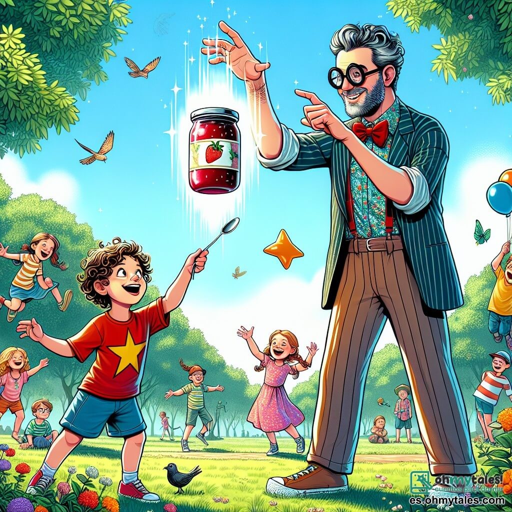Ilustración que representa una escena dinámica en un parque soleado, con árboles verdes y flores coloridas, donde los niños juegan alegremente. En el centro, un hombre de aspecto divertido, con gafas redondas, una camisa a rayas y pantalones casuales, utiliza sus poderes para hacer flotar un frasco de mermelada de fresa en el aire, con una mirada maravillada. A su lado, un niño de unos 8 años, con cabello rizado y una camiseta de superhéroes, señala el frasco riendo, mientras una niña de aproximadamente 6 años, con un vestido rosa y trenzas, observa con ojos desorbitados, sosteniendo un globo en forma de estrella. La situación principal muestra al hombre usando su poder de levitación para entretener a los niños, creando una atmósfera alegre y lúdica. En el fondo, los pájaros vuelan en el cielo azul y otros niños se detienen a admirar el espectáculo, añadiendo un toque de magia a esta escena cómica y heroica.