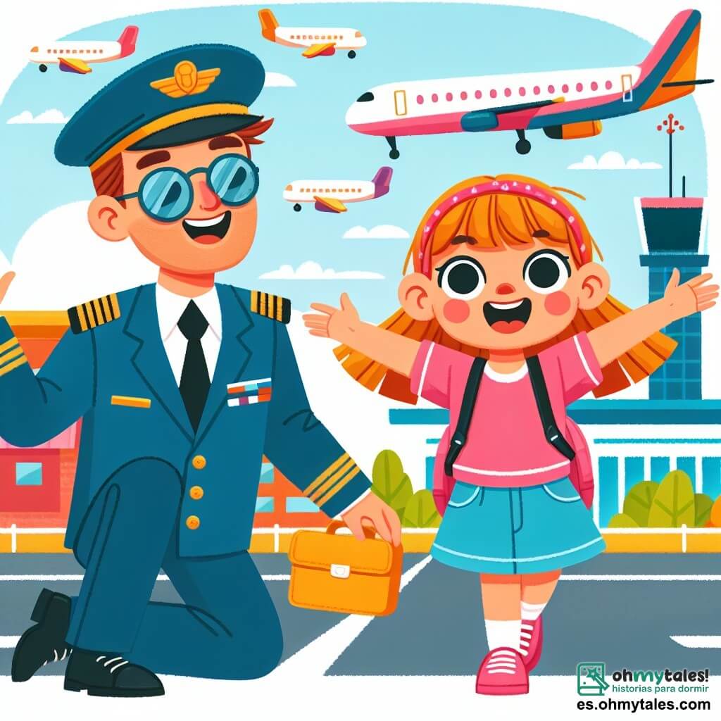 Une illustration destinée aux enfants représentant une jeune fille passionnée par l'aviation réalisant son premier vol en solitaire accompagnée d'un sympathique capitaine de l'air, dans un aéroport animé et coloré avec des avions décollant et atterrissant en arrière-plan.