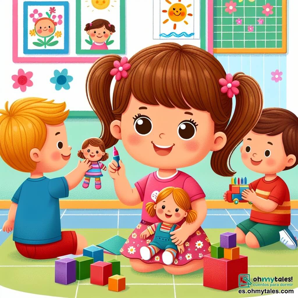 Une illustration sous forme de dessin destinée aux enfants représentant une salle de classe colorée avec des murs ornés de dessins d'enfants, où une petite fille de 3 ans aux cheveux bruns en queue de cheval, portant un t-shirt rose et une jupe à fleurs, tient sa poupée dans les bras, entourée de deux garçons : l'un avec des cheveux blonds et un t-shirt bleu qui dessine un soleil, et l'autre avec des cheveux châtains et un t-shirt rouge qui joue avec des blocs, tous souriant et partageant un moment joyeux d'apprentissage et de camaraderie lors de leur premier jour d'école.