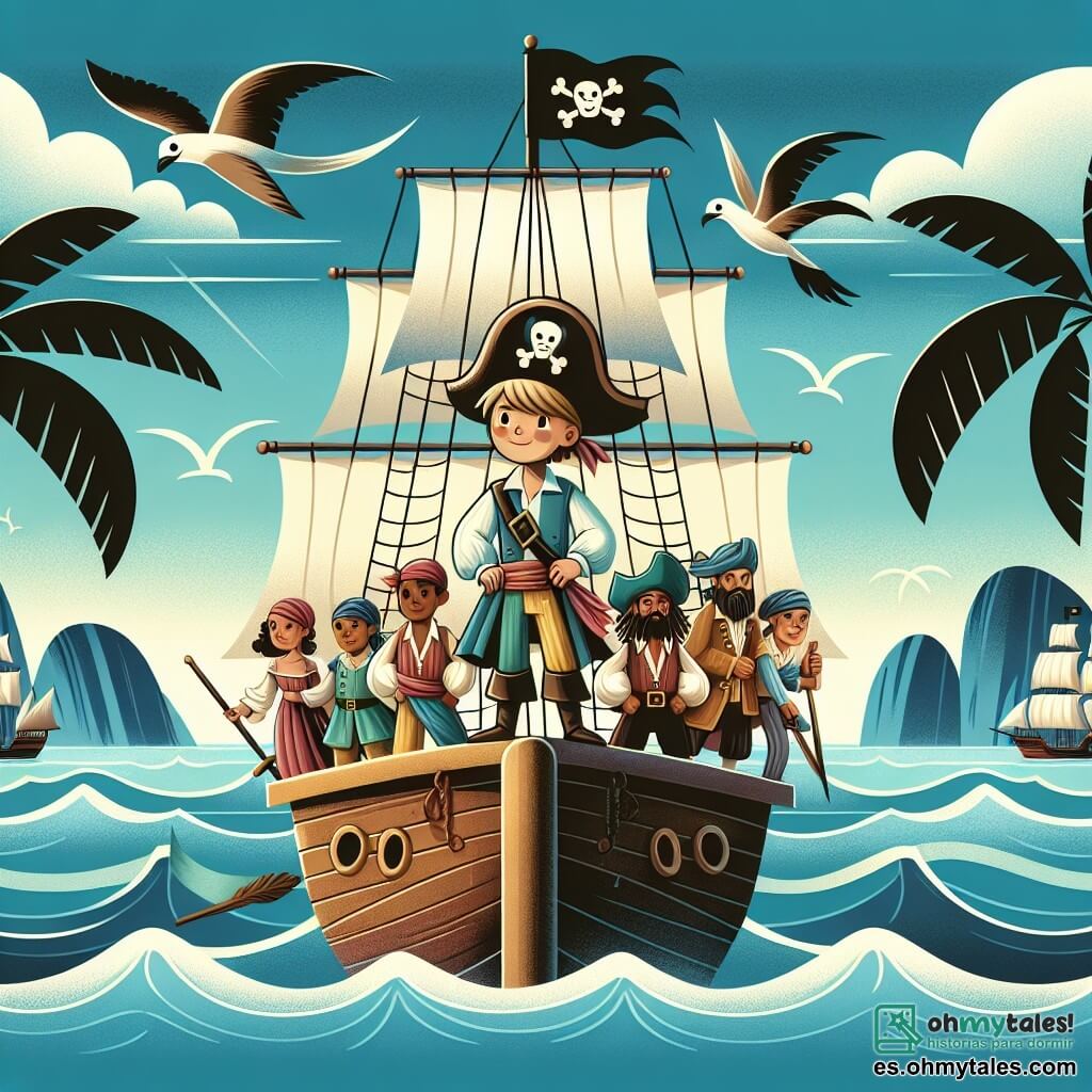 Une illustration destinée aux enfants représentant un courageux pirate, un(e) garçon, se tenant fièrement sur le pont de son navire, entouré de son équipage hétéroclite, avec les voiles gonflées par le vent et l'horizon parsemé d'îles mystérieuses, palmiers ondulant sous le ciel bleu azur de l'océan.