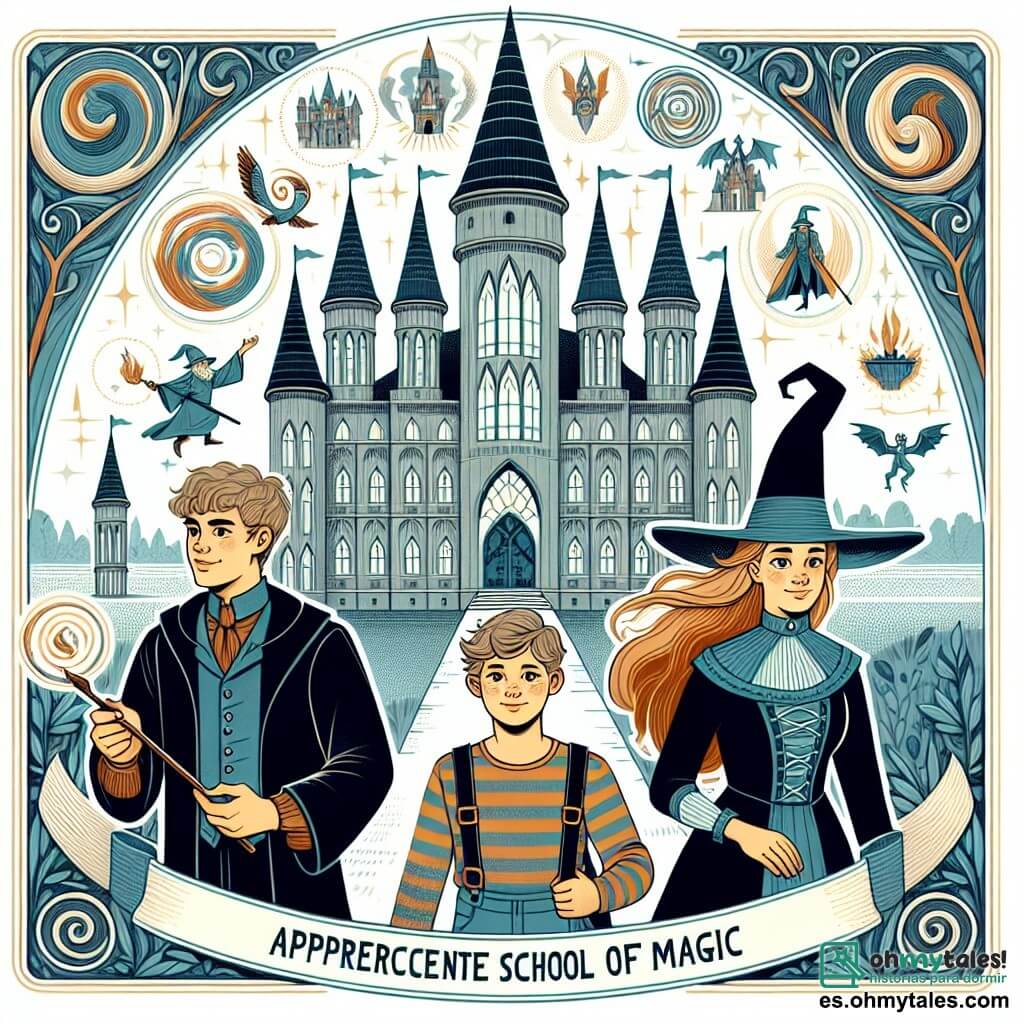 Une illustration destinée aux enfants représentant un jeune apprenti sorcier, une sorcière bienveillante et un magicien habile évoluant au sein de la majestueuse Escuela de Magia de Vallecálido, un établissement aux tours en spirales et aux jardins enchantés.