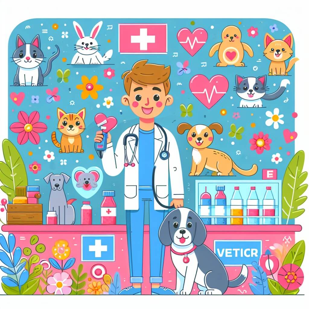 Une illustration destinée aux enfants représentant un homme passionné des animaux, qui devient vétérinaire, accompagné d'un adorable chien, dans une clinique vétérinaire colorée et animée, entourée d'animaux souriants et de fleurs joyeuses.