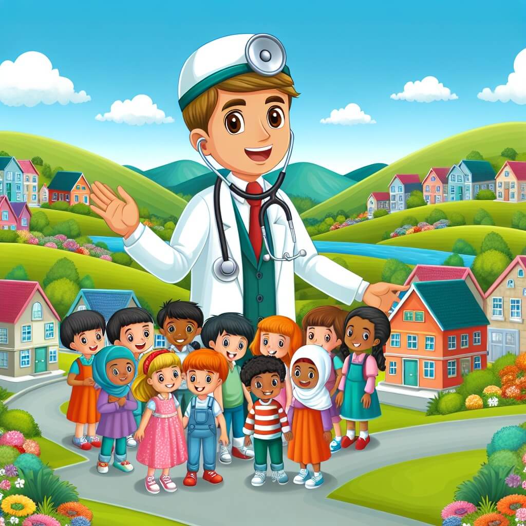 Une illustration destinée aux enfants représentant un jeune médecin passionné, entouré d'enfants souriants, dans un petit village pittoresque avec des maisons colorées et un charmant hôpital, situé au cœur d'une vallée verdoyante et bordée de fleurs multicolores.