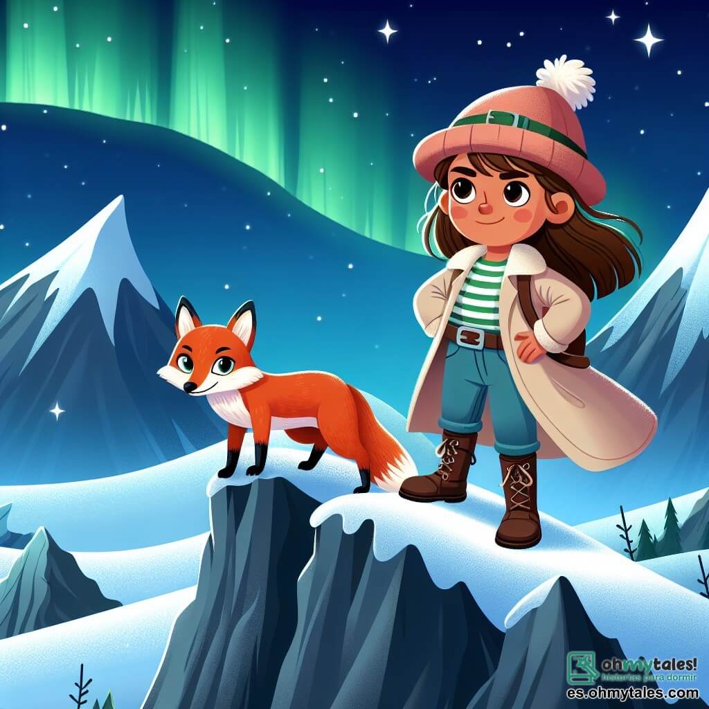 Une illustration destinée aux enfants représentant une jeune fille intrépide se tenant au sommet d'une montagne escarpée, accompagnée d'un renard malicieux, dans un paysage enneigé où les aurores boréales illuminent le ciel étoilé.