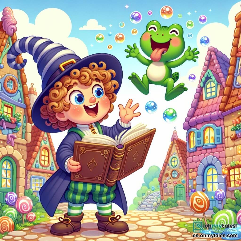 Une illustration sous forme de dessin destinée aux enfants représentant un charmant village aux maisons en bonbons colorés, avec un apprenti sorcier garçon aux cheveux bouclés et un chapeau pointu tordu, riant joyeusement en tenant un grand grimoire ouvert, tandis qu'un sapo vert et souriant, flottant dans les airs avec des bulles éclatantes autour de lui, fait des pirouettes, le tout dans une atmosphère magique et enjouée, illustrant le moment où ils découvrent les effets amusants des sorts du livre.